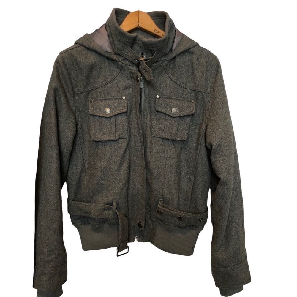 Soho Babe Jacket lined, full zip, pockets, belt, hood Gray Large